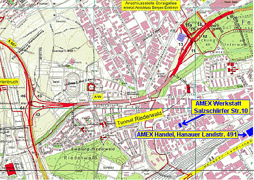Trassenverlauf des geplanten Riederwaldtunnels, der die Autobahn A661 mit dem nahezu fertiggestellten Autobahnteilst&uuml;cks der A66 Frankfurt am Main - Fulda verbindet. Durch die Beseitigung dieses Nadel&ouml;hrs wird der gesamte Verkehr im Frankfurter Osten entscheidend entlastet werden.